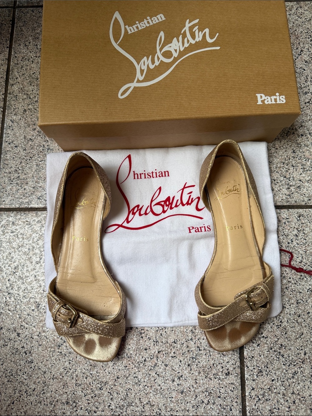 Christian Louboutin Gold Open-Toe Flats with Buckle Detail